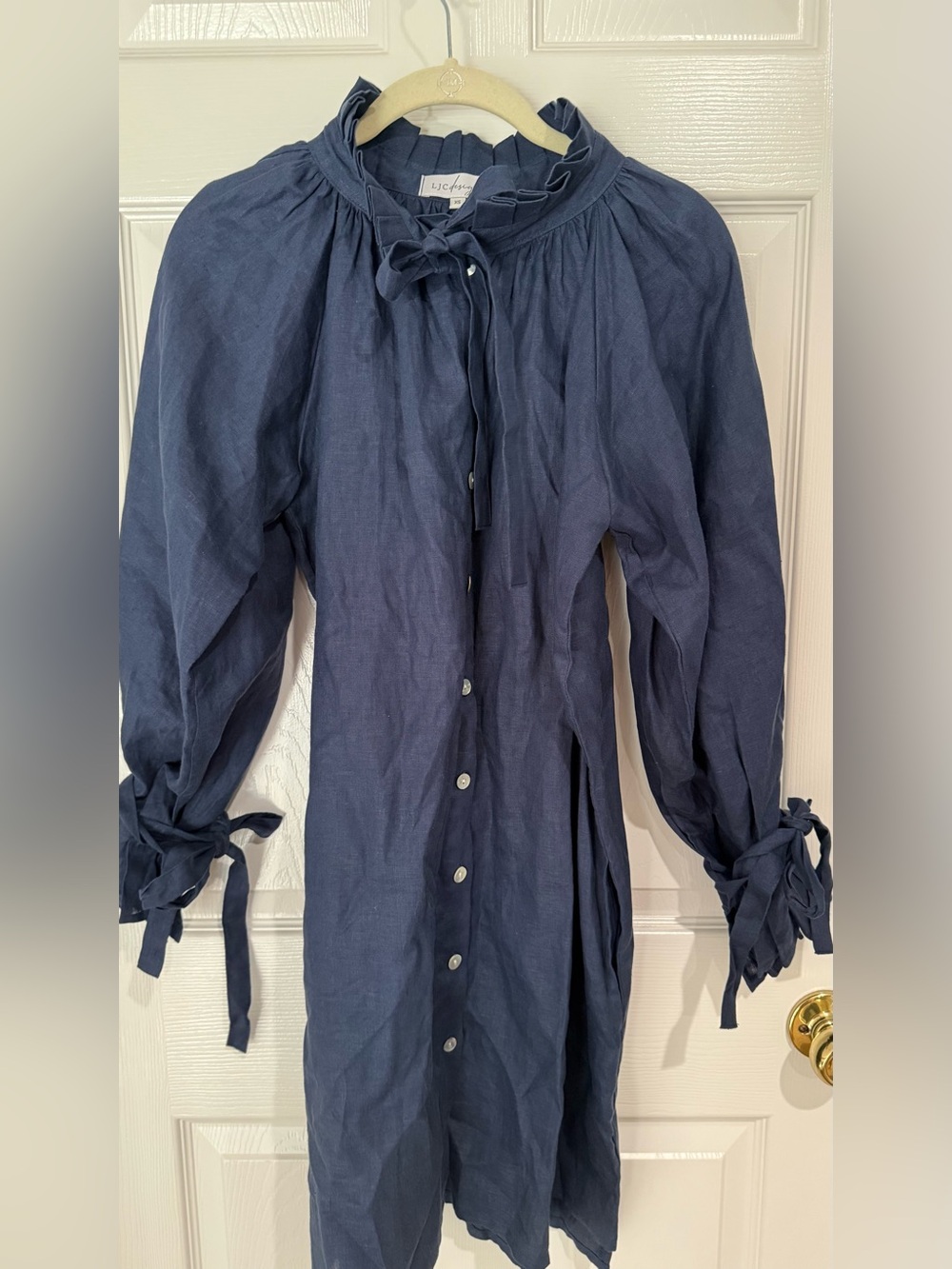 LJC Navy Linen Button-Front Tie-Neck Dress